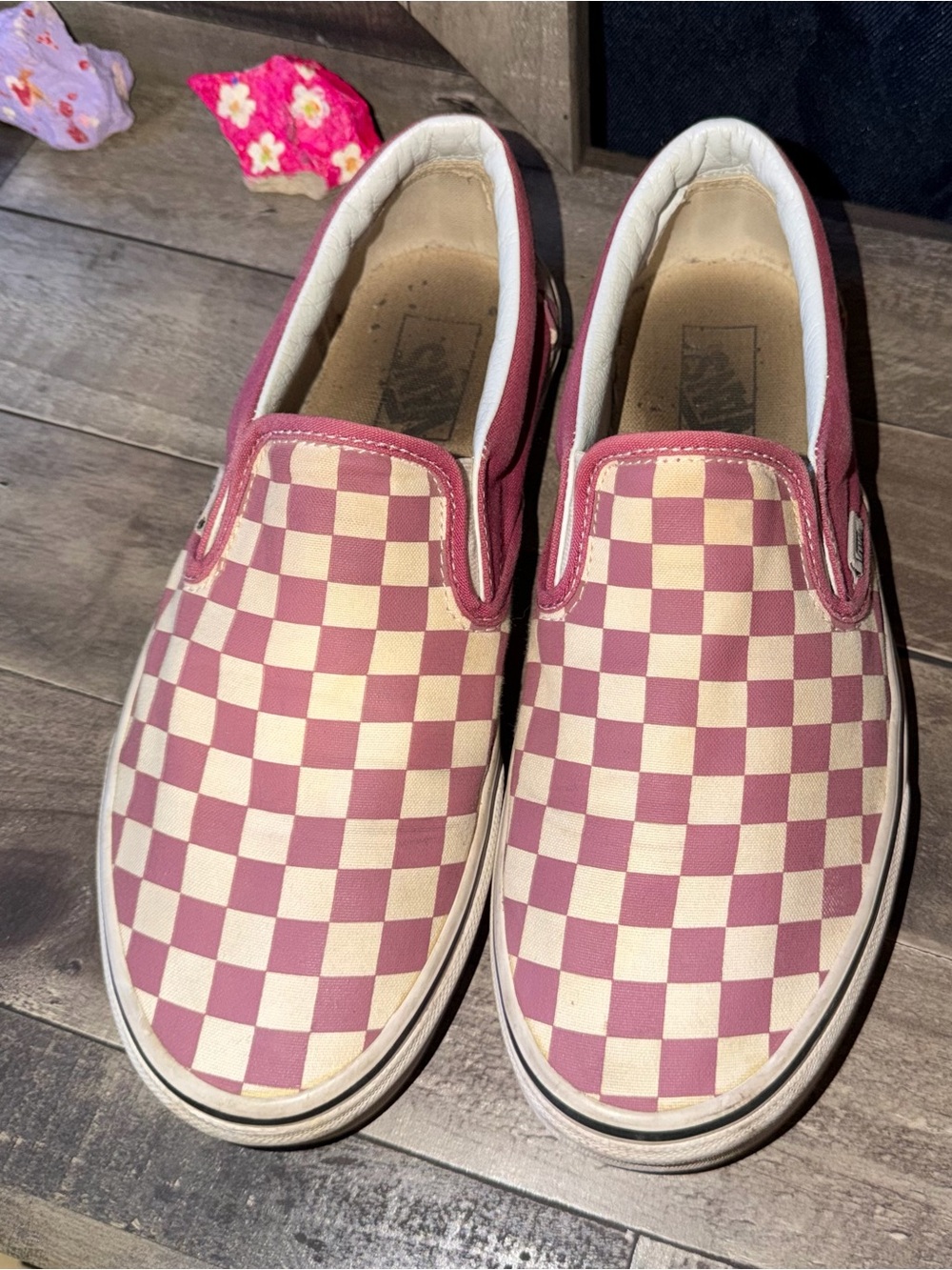 Vans Slip-On Checkerboard Flats - Burgundy and Cream